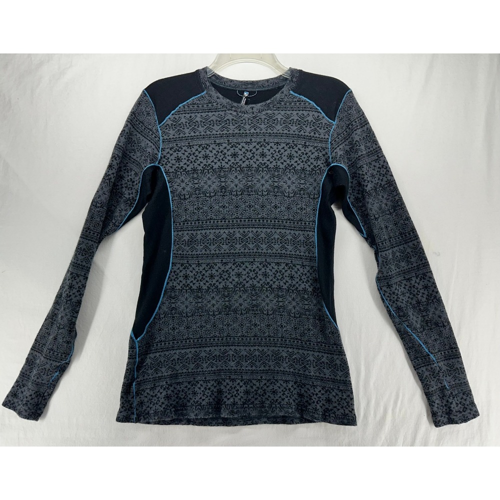 Kuhl Womens Merino Wool Blend Fair Isle Base Layer Top Grey Black Blue Size M